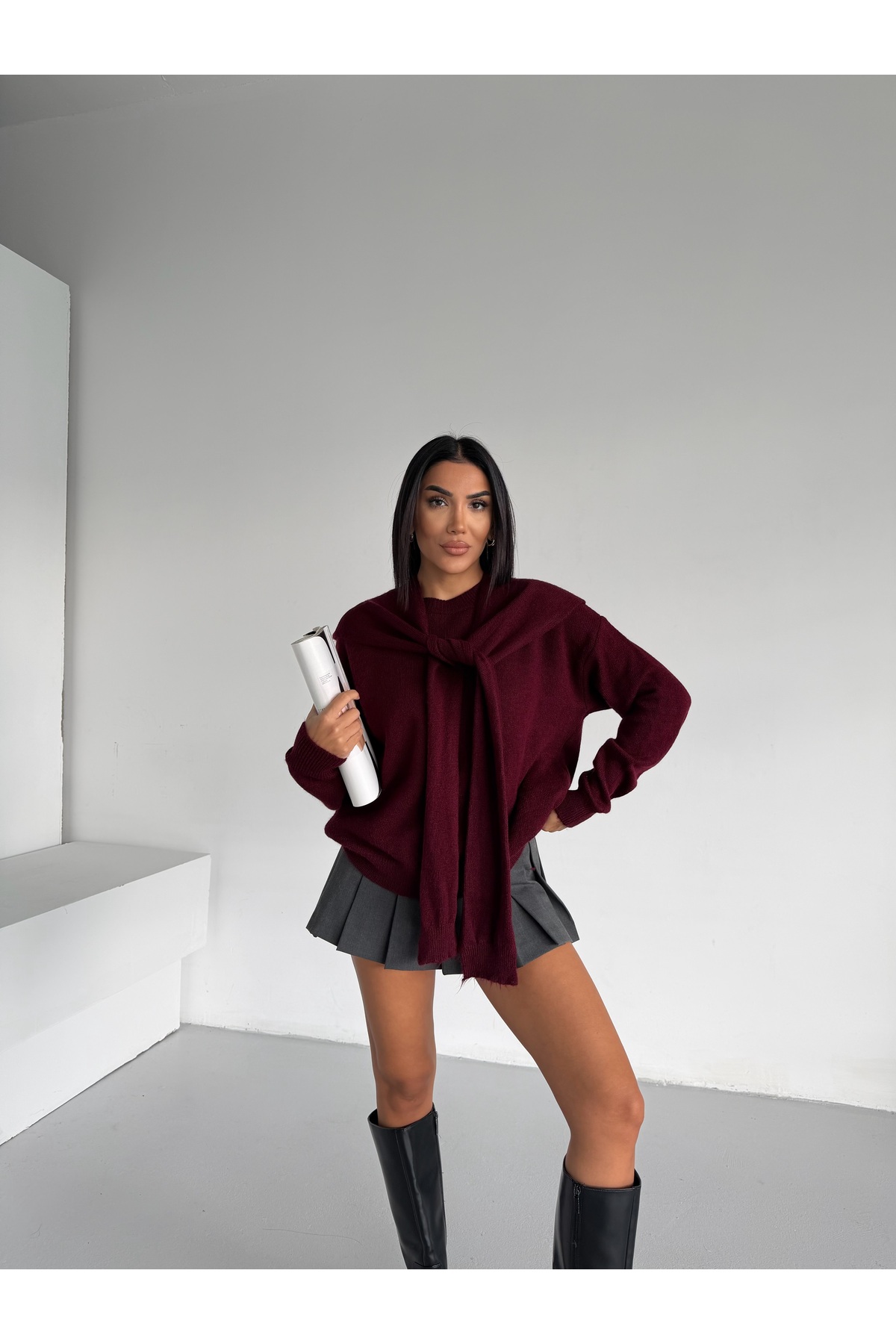 Lamierra  Atkı Detaylı Yumoş Kadın Triko Kazak - Görsel 5