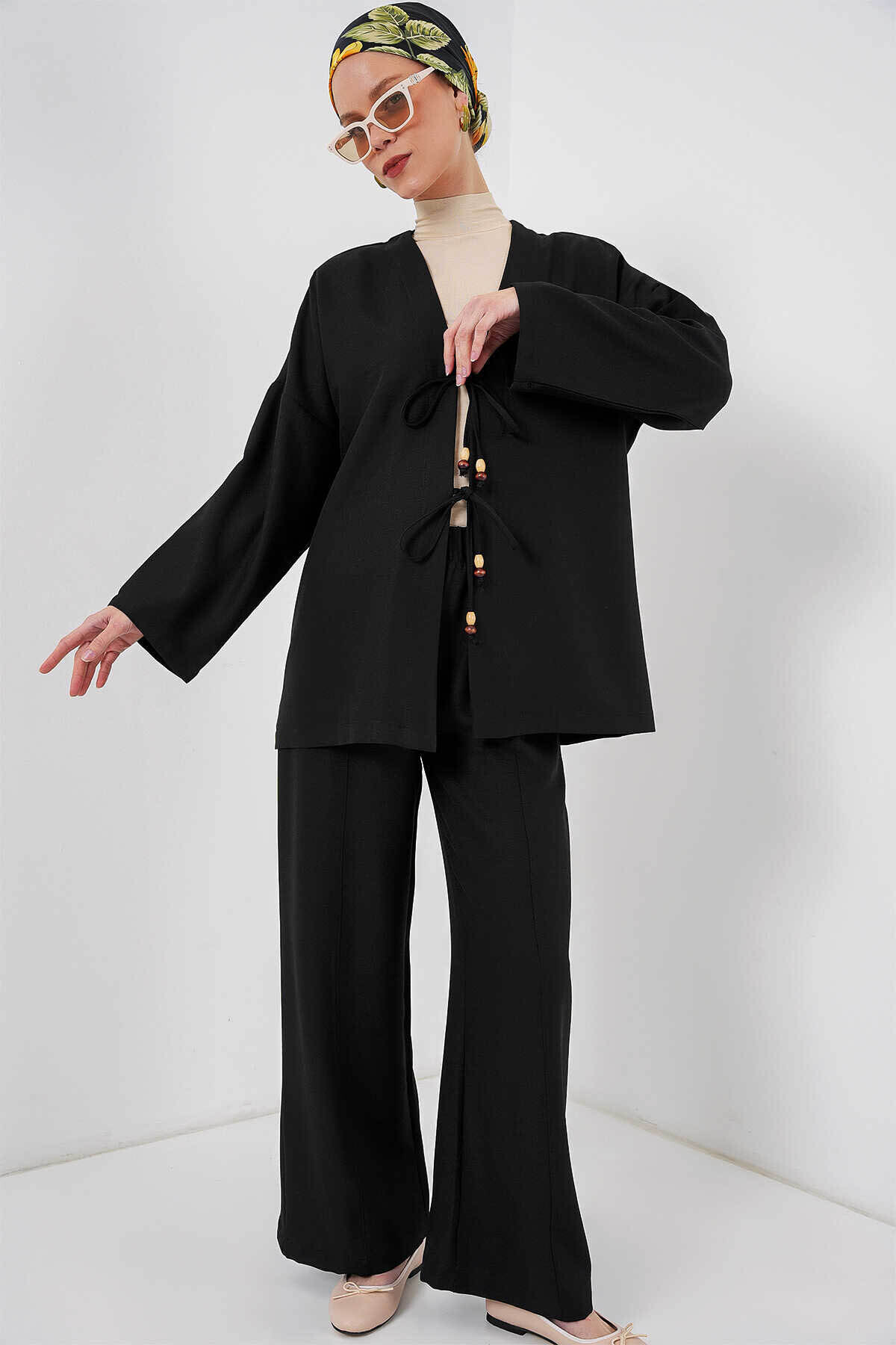 Bigdart Linen Kimono Black Women's Top and Bottom Set 6727