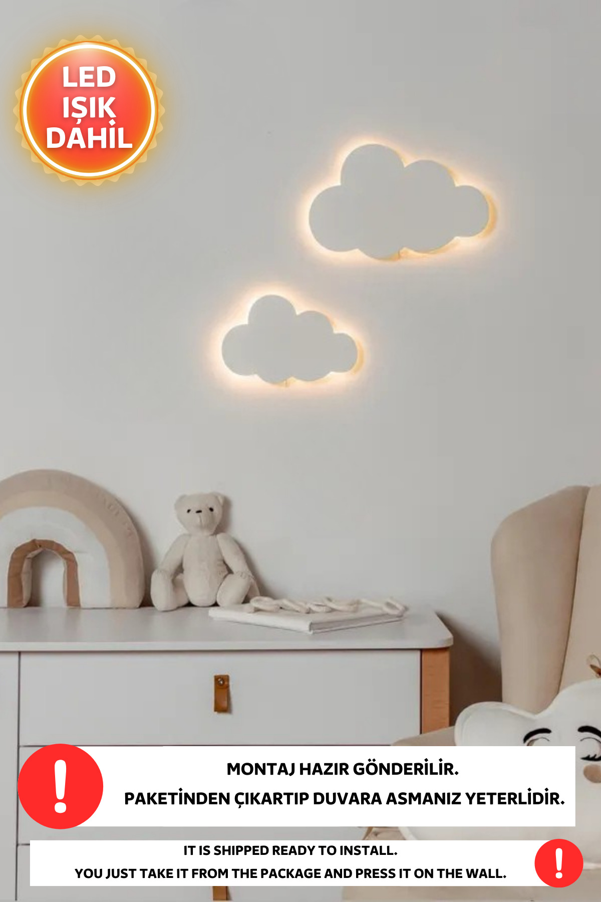 Dekorvin 3lü Set 2 Adet Bulut 1 Adet Balon Led Işıklı Çocuk Odası Gece Lambası Bebek Çocuk Odası Duvar Lamba fotoğrafı 3 (önizleme)