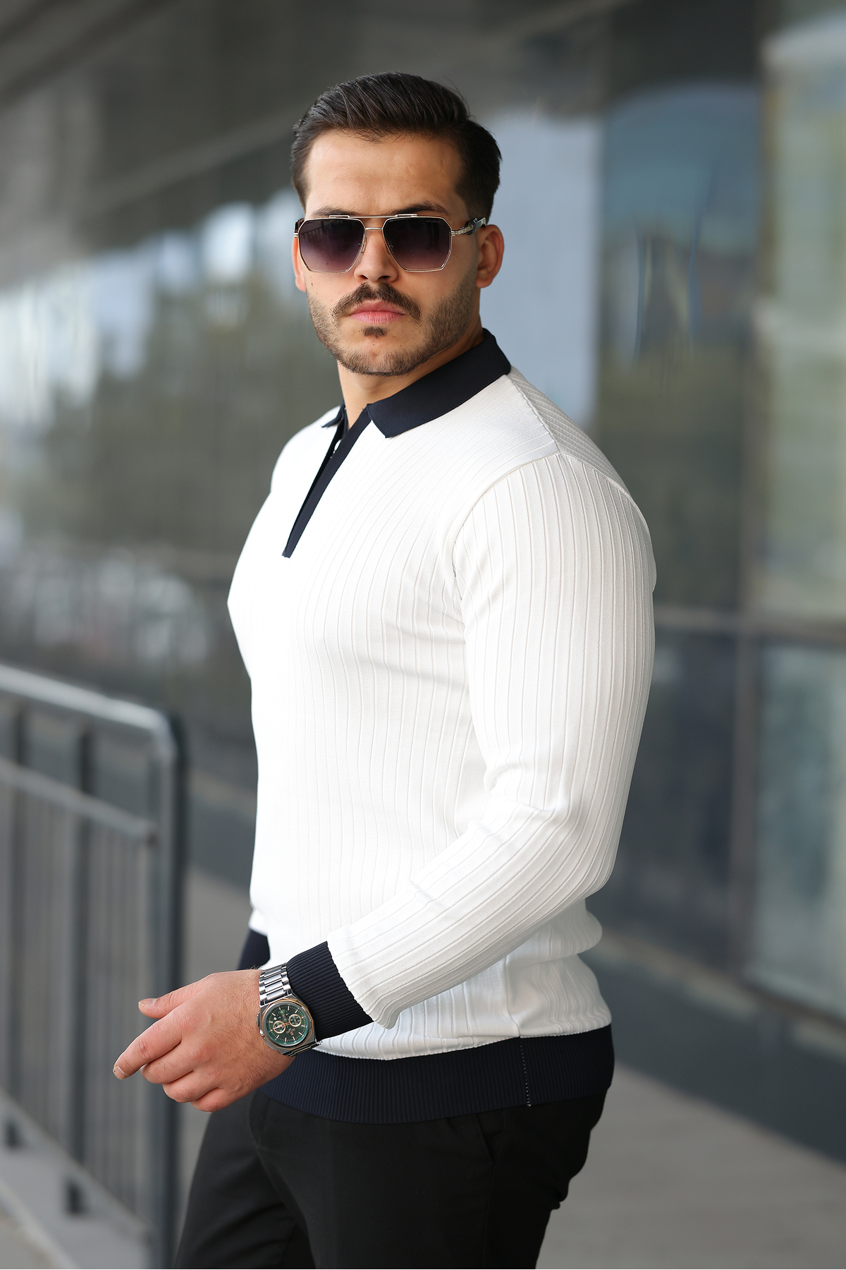 viyamen Erkek Beyaz Likralı Slim Fit Yarım Fermuarlı Triko Kazak görsel 5