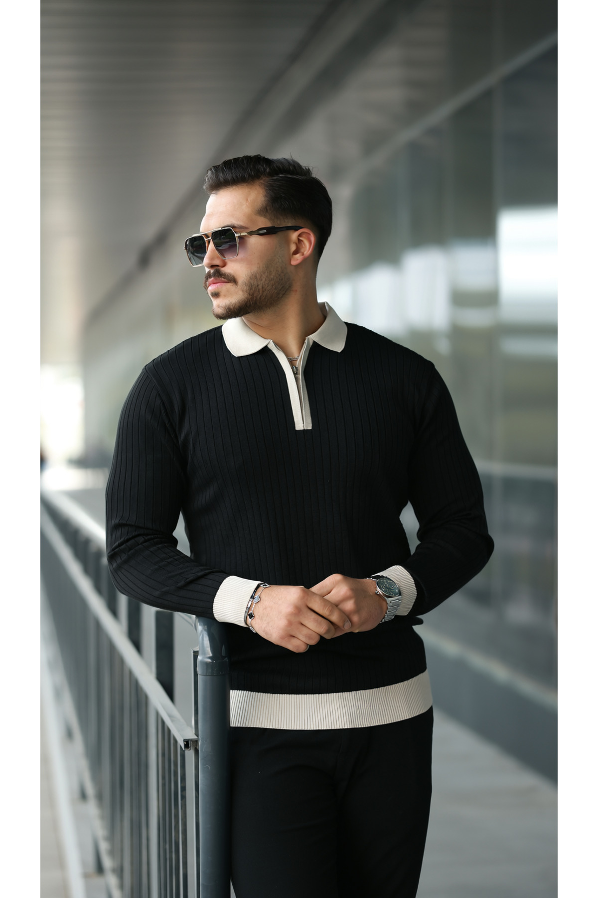 viyamen  Erkek Siyah Likralı Slim Fit Yarım Fermuarlı Triko Kazak - Görsel 4