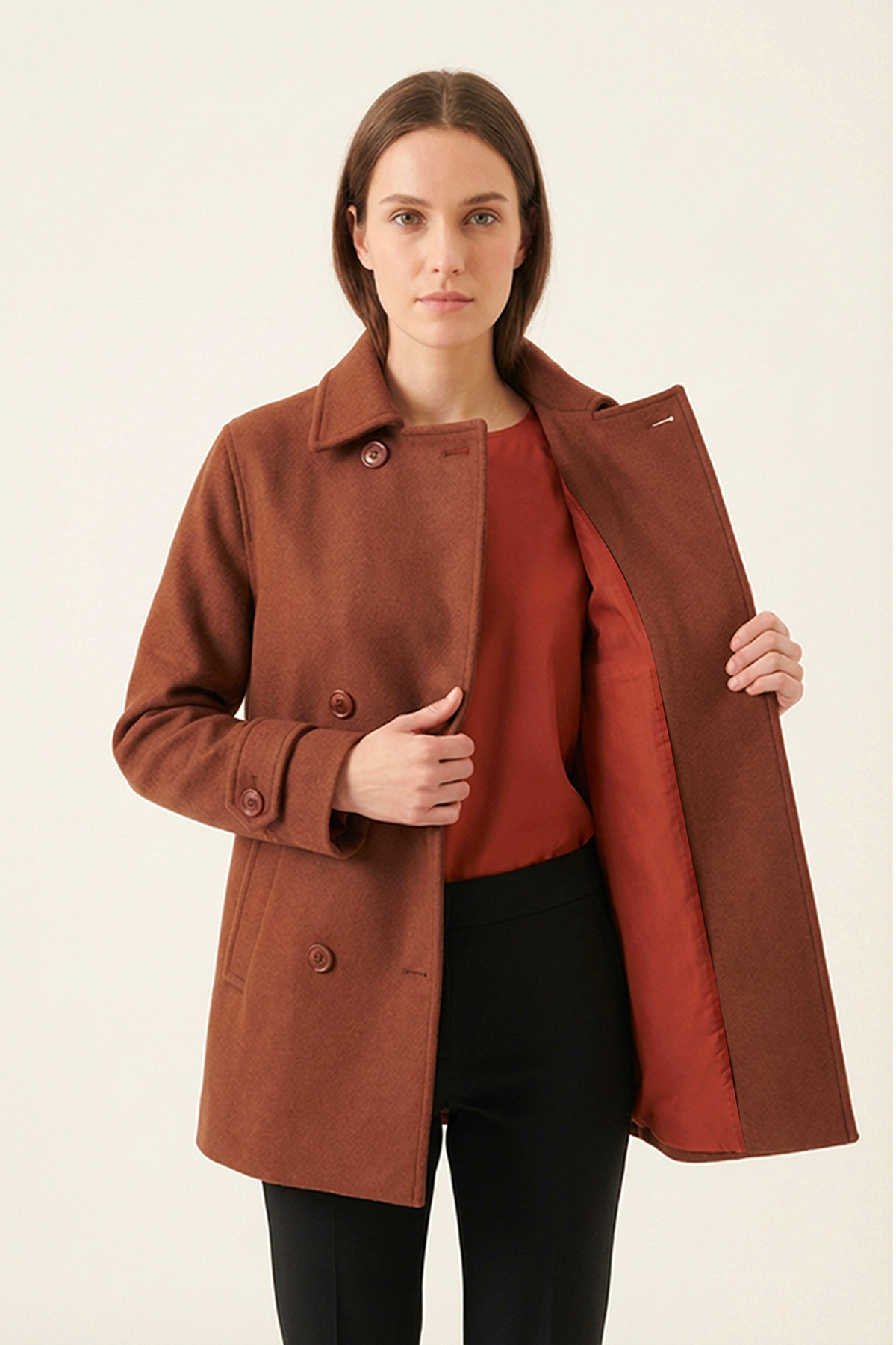 Soydan Güner  Kadın Yünlü Kısa Kruvaze Kaban Taba 1460 - Görsel 5