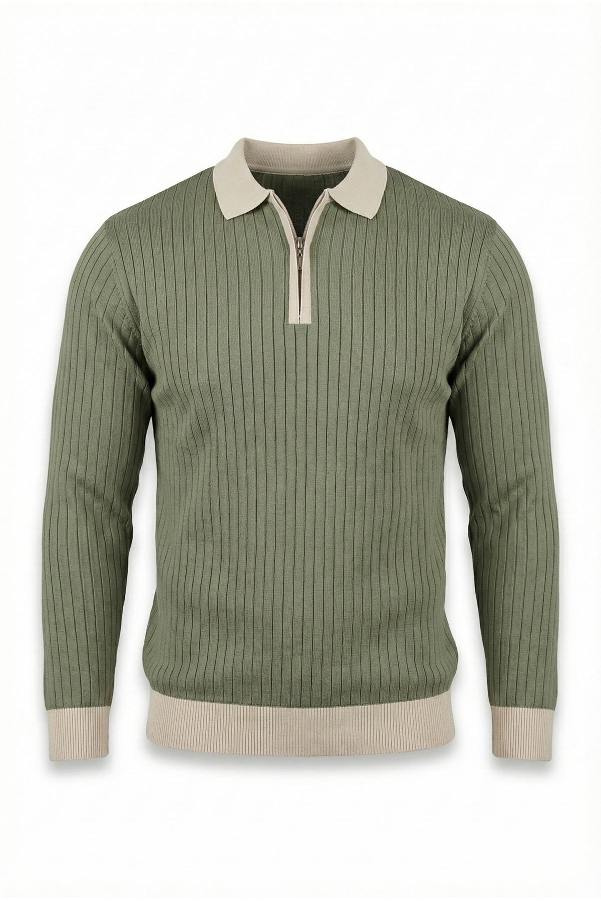 viyamen  Erkek Yeşil Likralı Slim Fit Yarım Fermuarlı Triko Kazak - Görsel 3