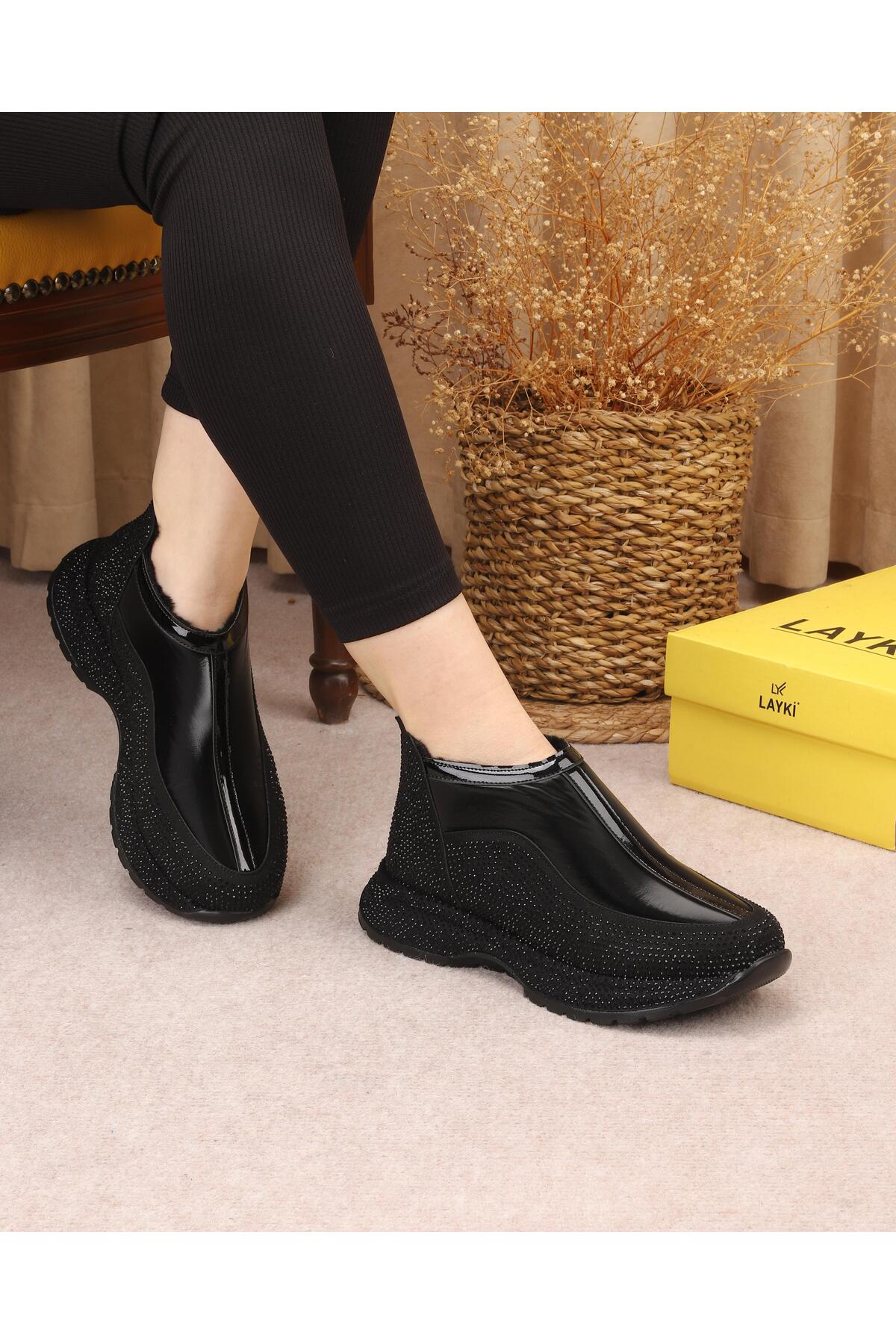 layki Fiora Black Patent Leather Stone Patterned Winter Boots