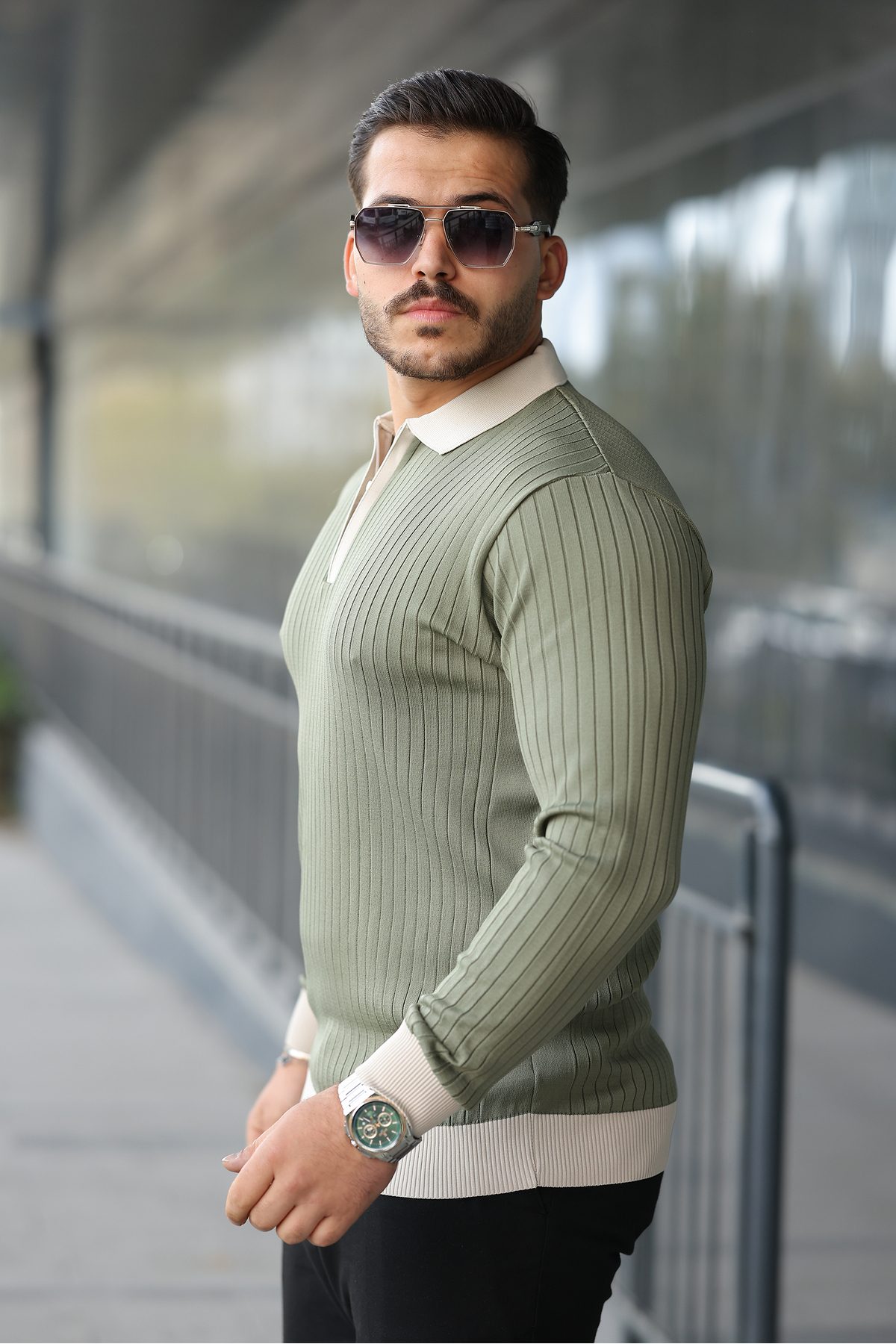 viyamen  Erkek Yeşil Likralı Slim Fit Yarım Fermuarlı Triko Kazak - Görsel 5