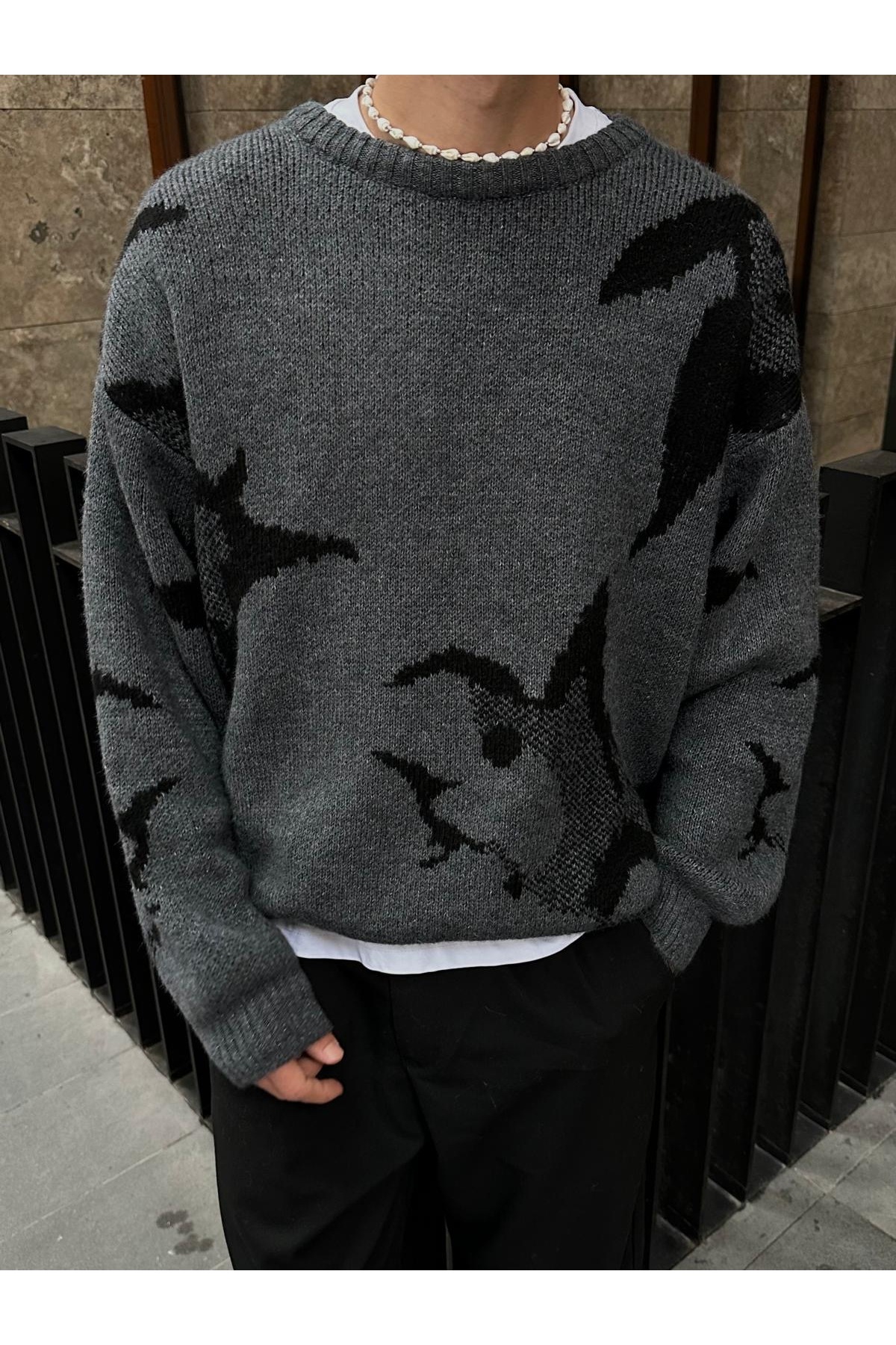 ATE STUDIOS Koyu Gri Wolf Desen Premium Oversize Triko Kazak görsel 4