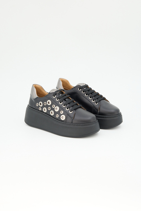 Jande Siyah Hakiki Deri Metal Halka Detaylı Platform Sneaker