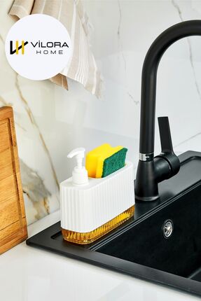 VİLORA HOME Şeffaf Tabanlı Modern Tezgah Üstü Sıvı Sabunluk-Sünger Hazneli (5...