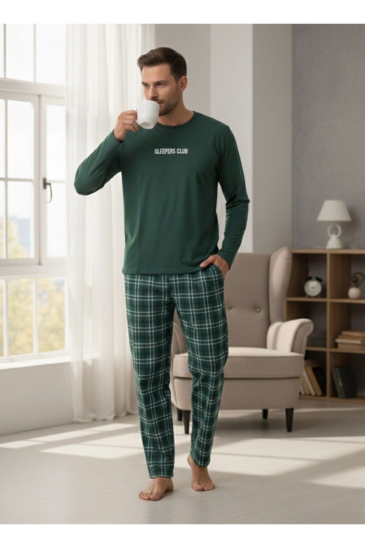 Pelife Underwear BATTAL BOY ERKEK PİJAMA TAKIMI PAMUKLU EKOSELİ | Pamuklu-yeşil-Kareli-Süprem