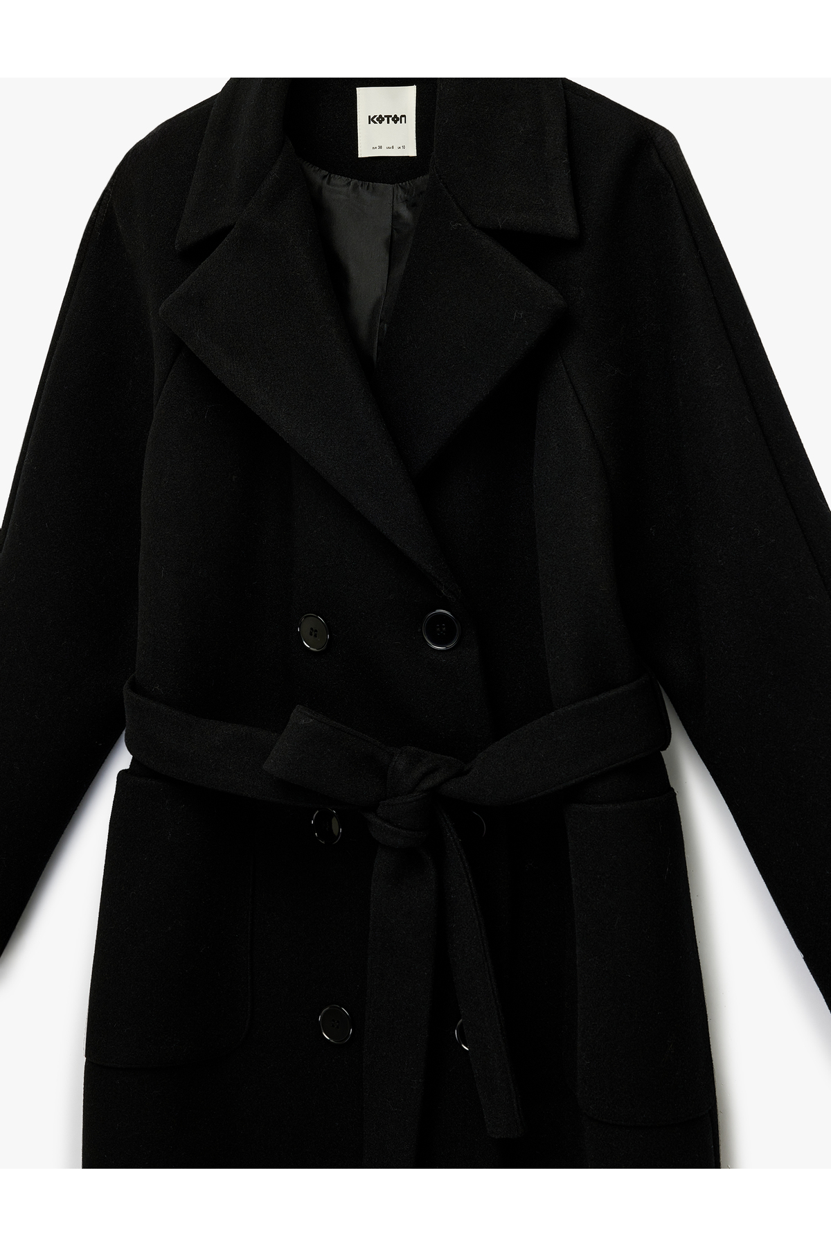 Koton  Kemerli Kaşe Kaban Kruvaze Düğmeli Uzun Kollu Cepli - Görsel 5