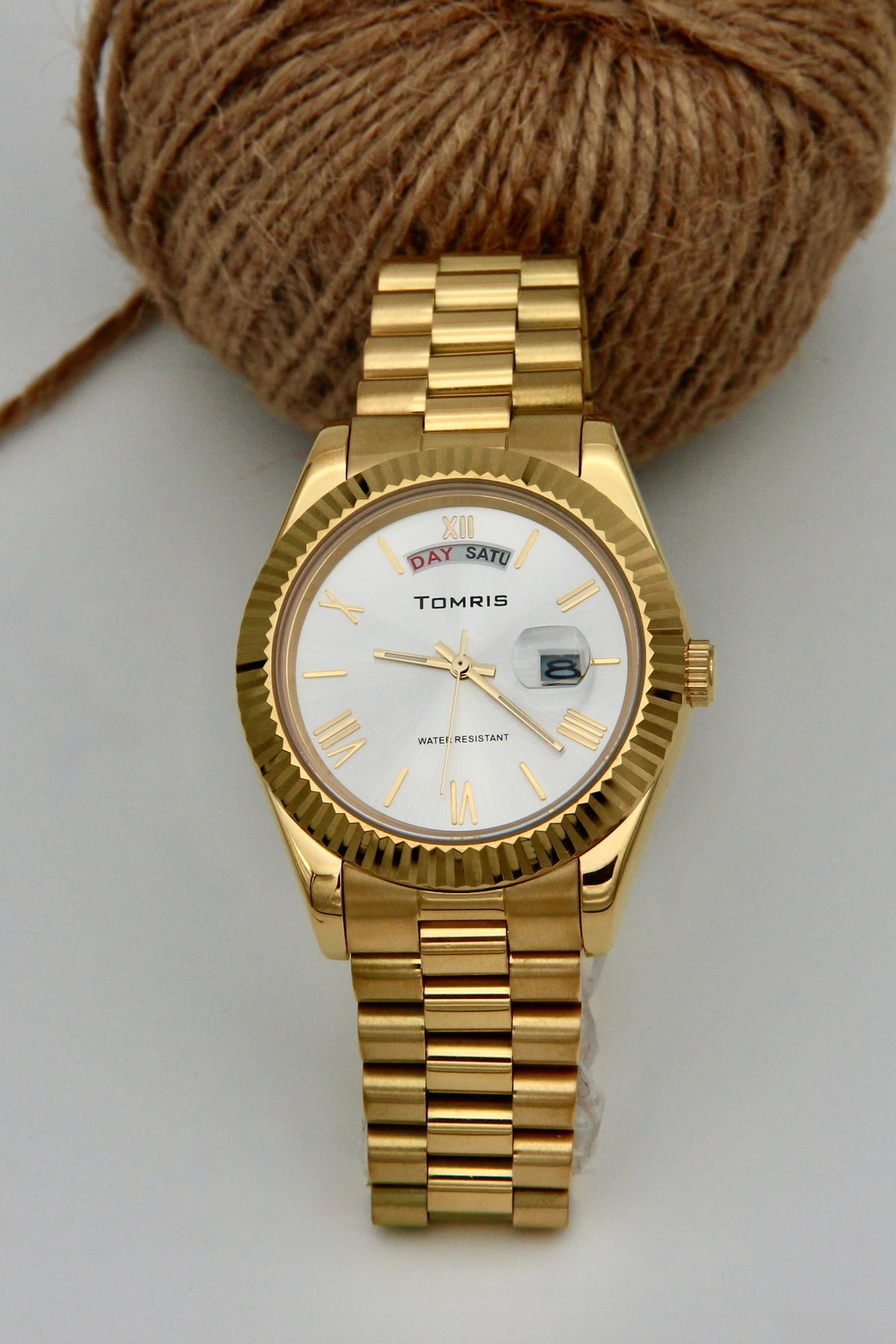 ساعت مچی مردانه فولادی تمام، ضدآب، بند زرد و سفید، صفحه کرم