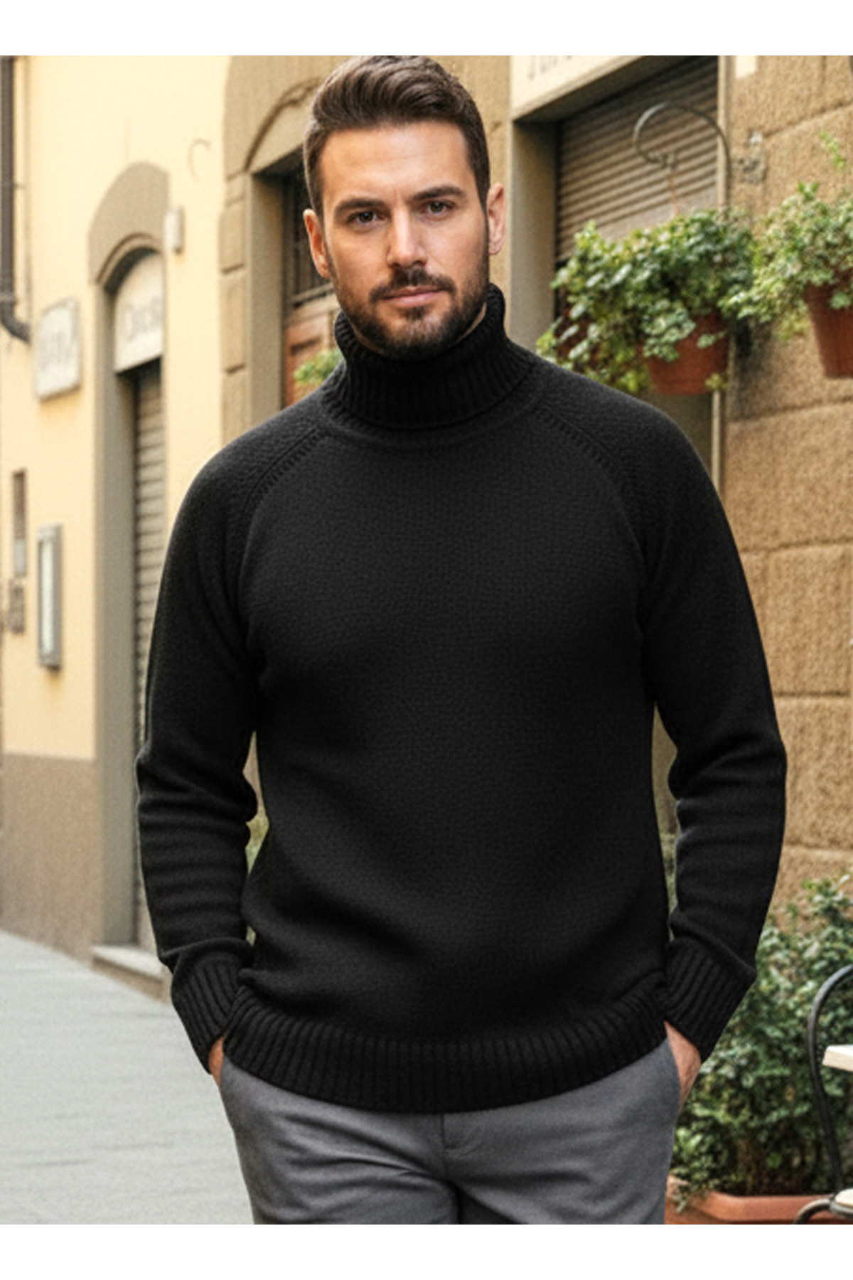 Millionaire Erkek Siyah Italyan Reglan Kol Detaylı Kalın Balıkçı Yaka Boğazlı Regular %100 Pamuk Triko Kazak