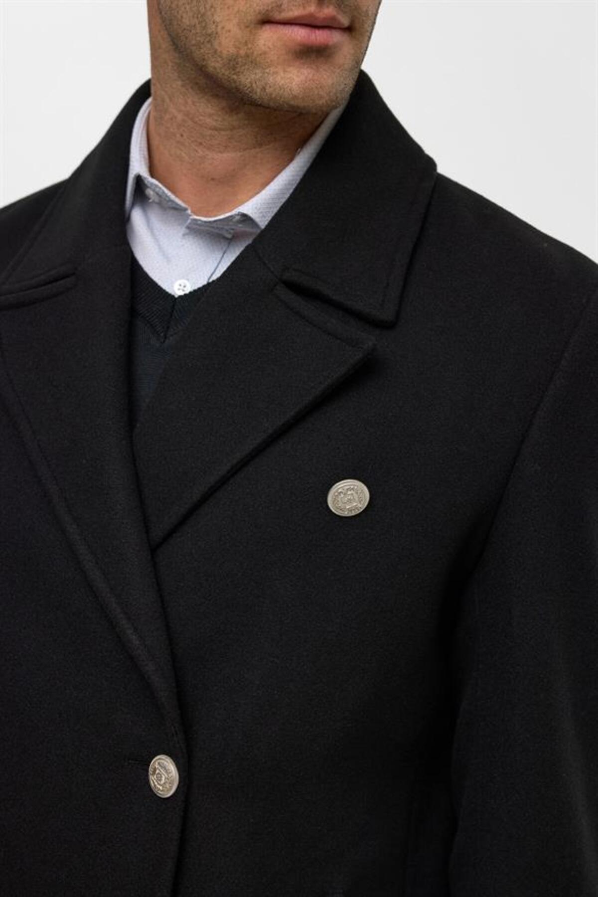 SÜVARİ  Siyah Slim Düz Kruvaze Yaka Kaban - Görsel 3