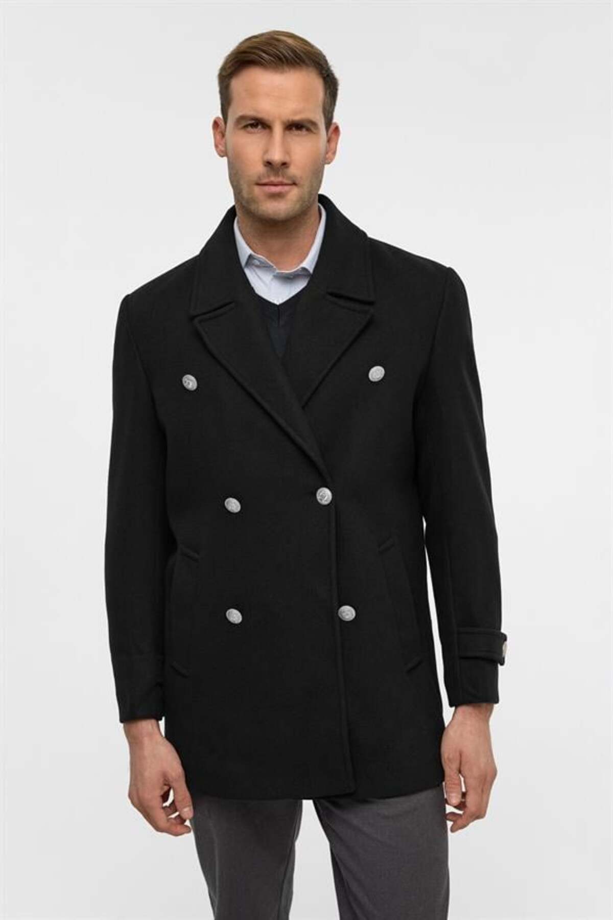 SÜVARİ  Siyah Slim Düz Kruvaze Yaka Kaban
