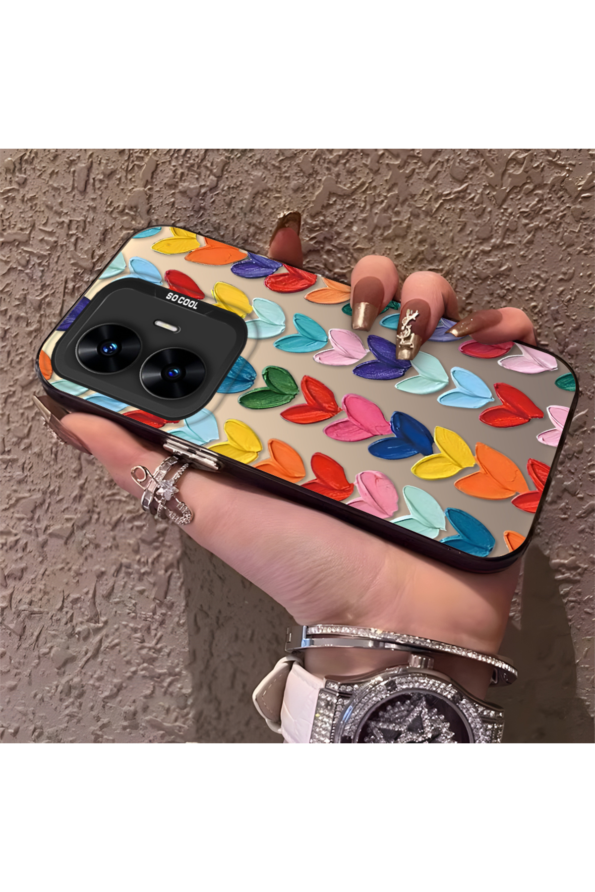 Realme C55 Compatible Silicone Edge Hard Back Anti Fall Pouch Colorful Heart