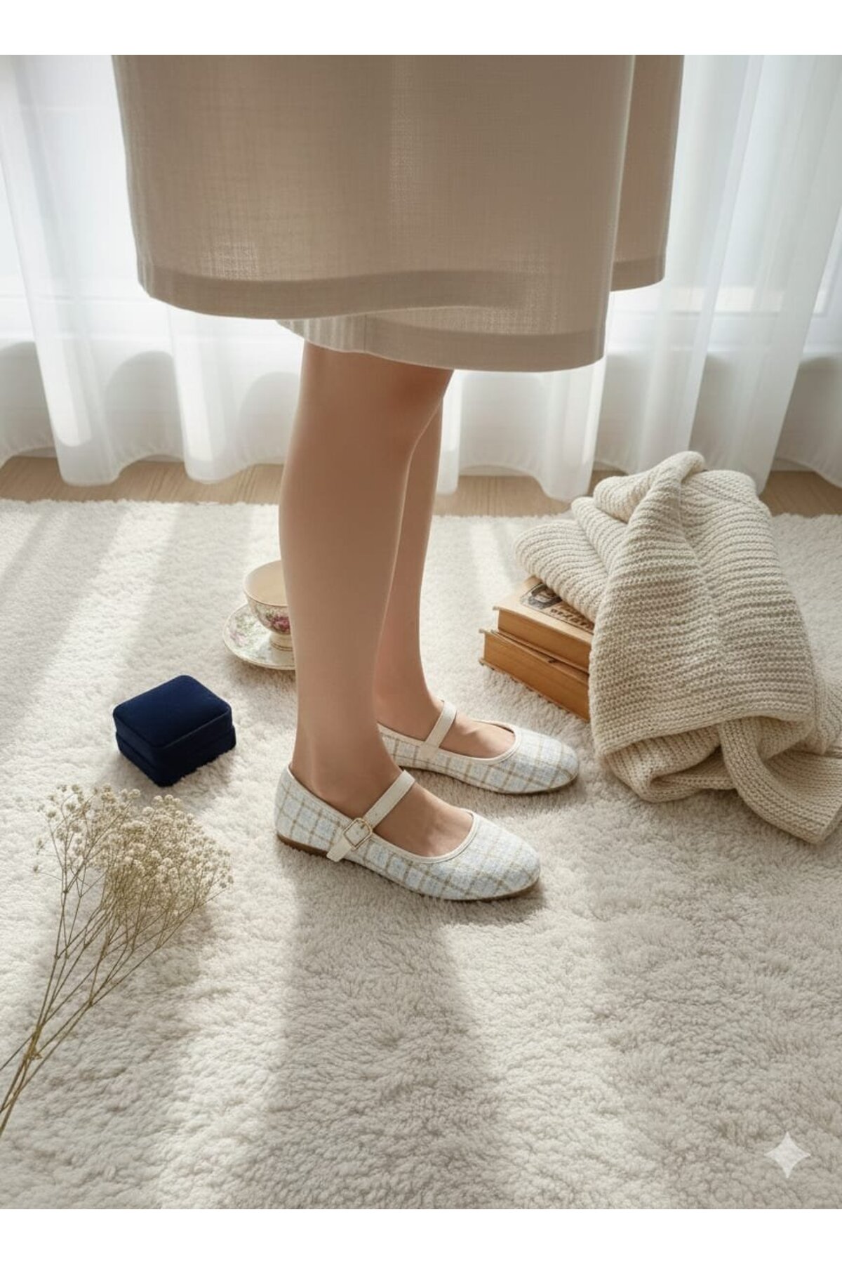 Slipcat  Tüvit Kumaş Mary Jane Babet Şık Tokalı Ortopedik Taban Günlük Ayakkabı - Görsel 5