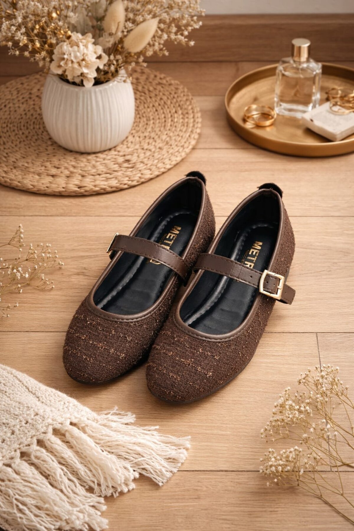 Slipcat Tüvit Kumaş Mary Jane Babet Şık Tokalı Ortopedik Taban Günlük Ayakkabı