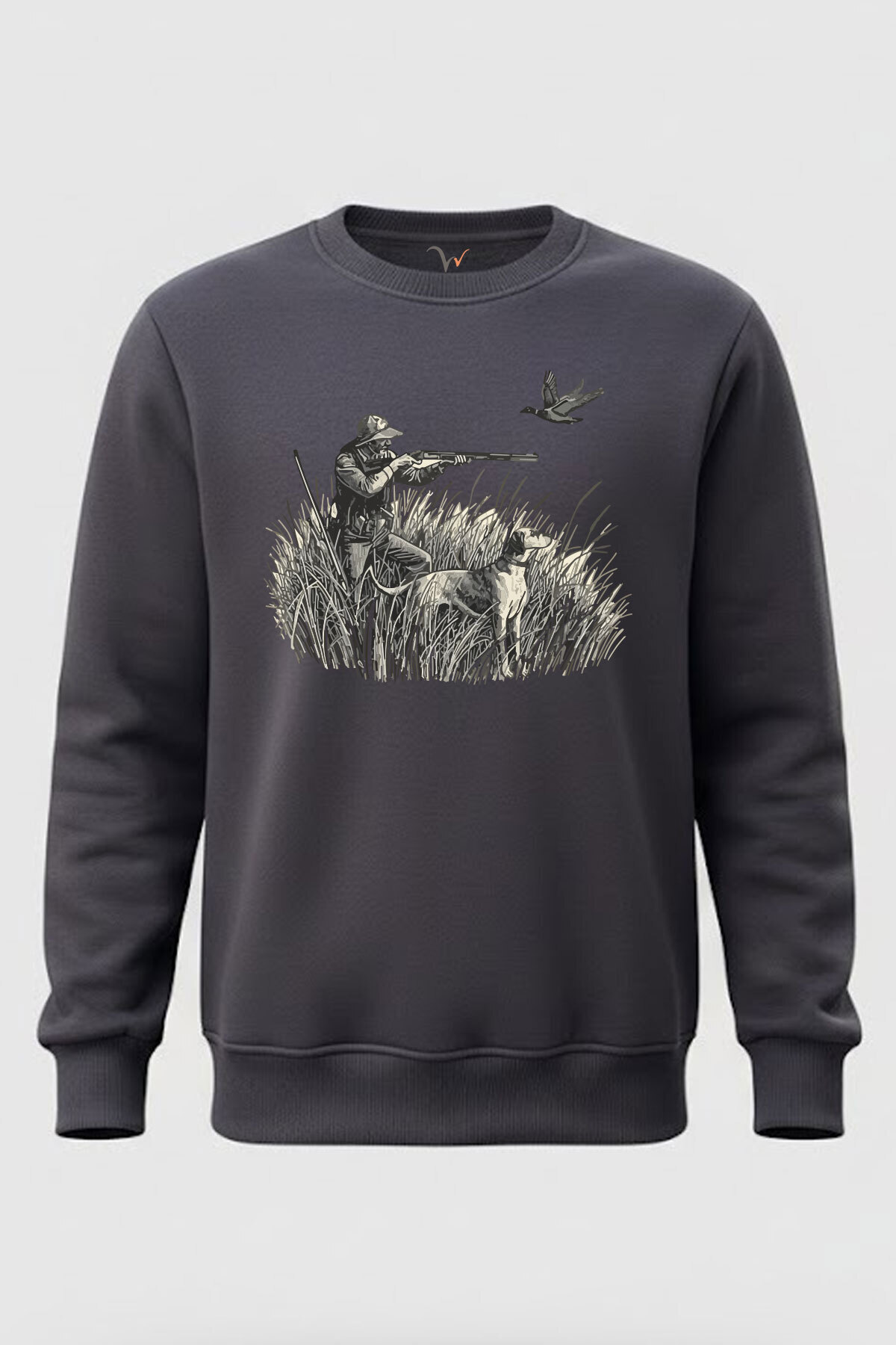 Outdoor Hunting Dog & Bird Pattern 100% Cotton Regular Fit Crew Neck 3 Yarn Winter Sweatshirt