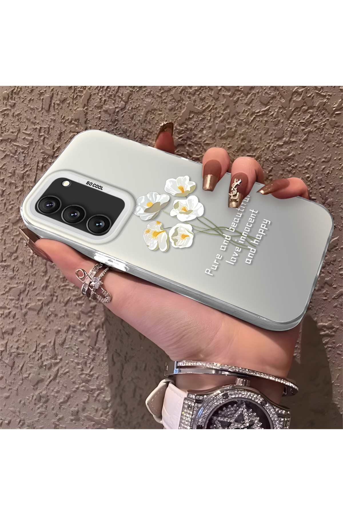 Samsung Galaxy S22 Compatible Silicone Edge Acrylic Back White Flower Protective Case