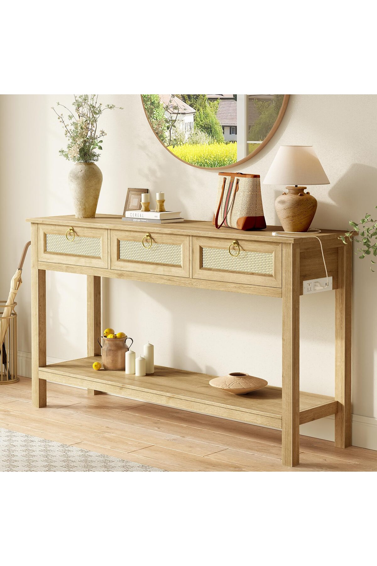 طاولة كونسول خيزران بيج مع أدراج ووحدة تخزين