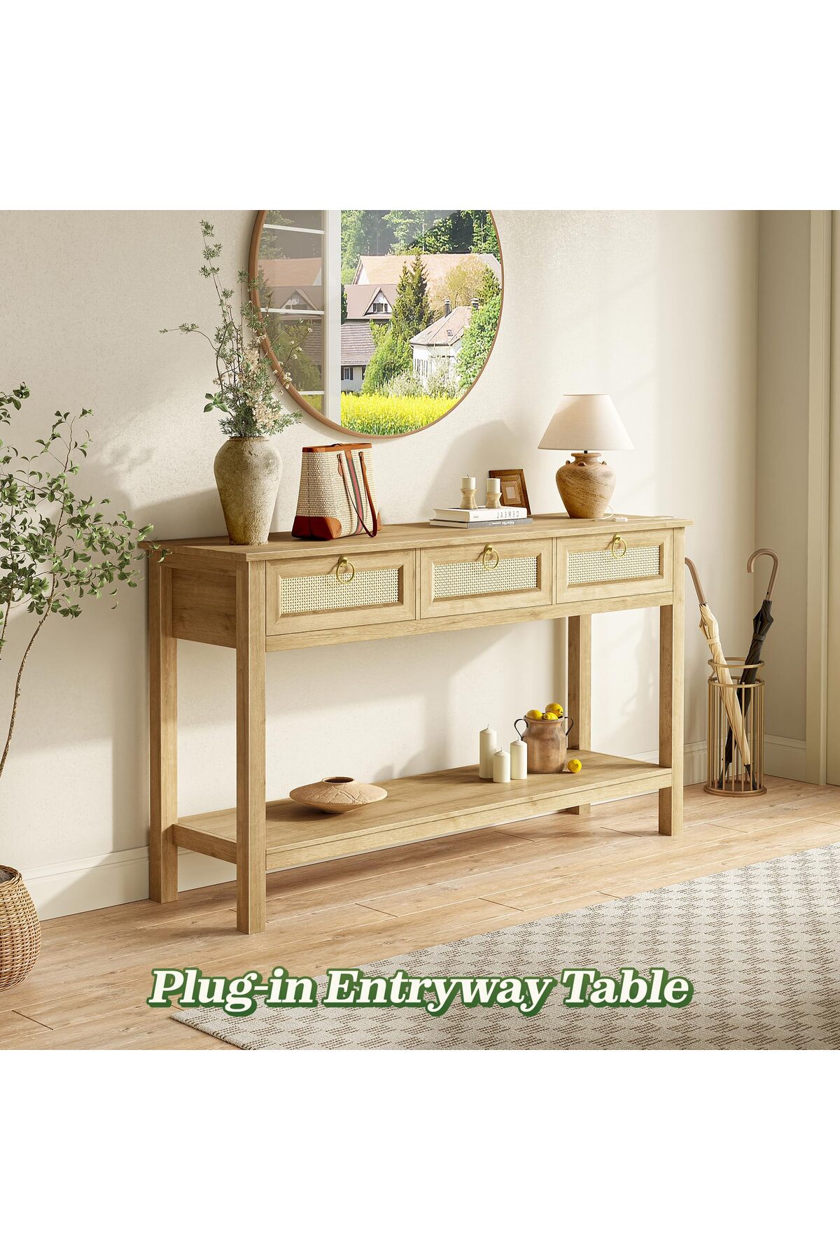 طاولة كونسول خيزران بيج مع أدراج ووحدة تخزين