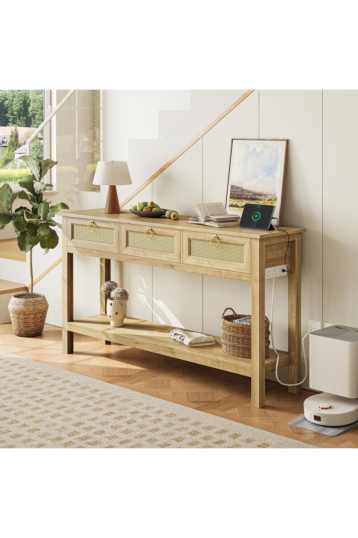 طاولة كونسول خيزران بيج مع أدراج ووحدة تخزين