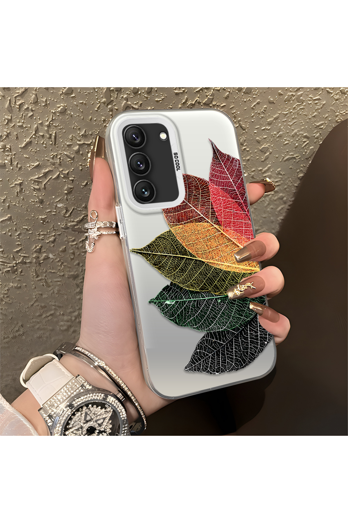 Samsung Galaxy S22 Compatible Silicone Edge Acrylic Back Color Leaf Protective Case