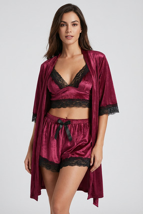 Sistina Pudra Kadife Dantelli Sabahlık & Gecelik Takım 3' Lü - 1438