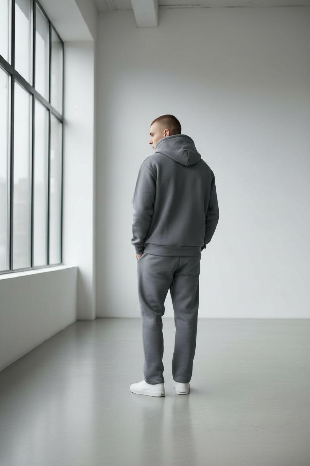 Erkek Duman Gri Kapşonlu Oversize 3 İplik Kalın Eşofman Takım — خاکستری ALTAMİRAKAPŞONLUEŞOFMANTAKIM — تصویر 4 از 5