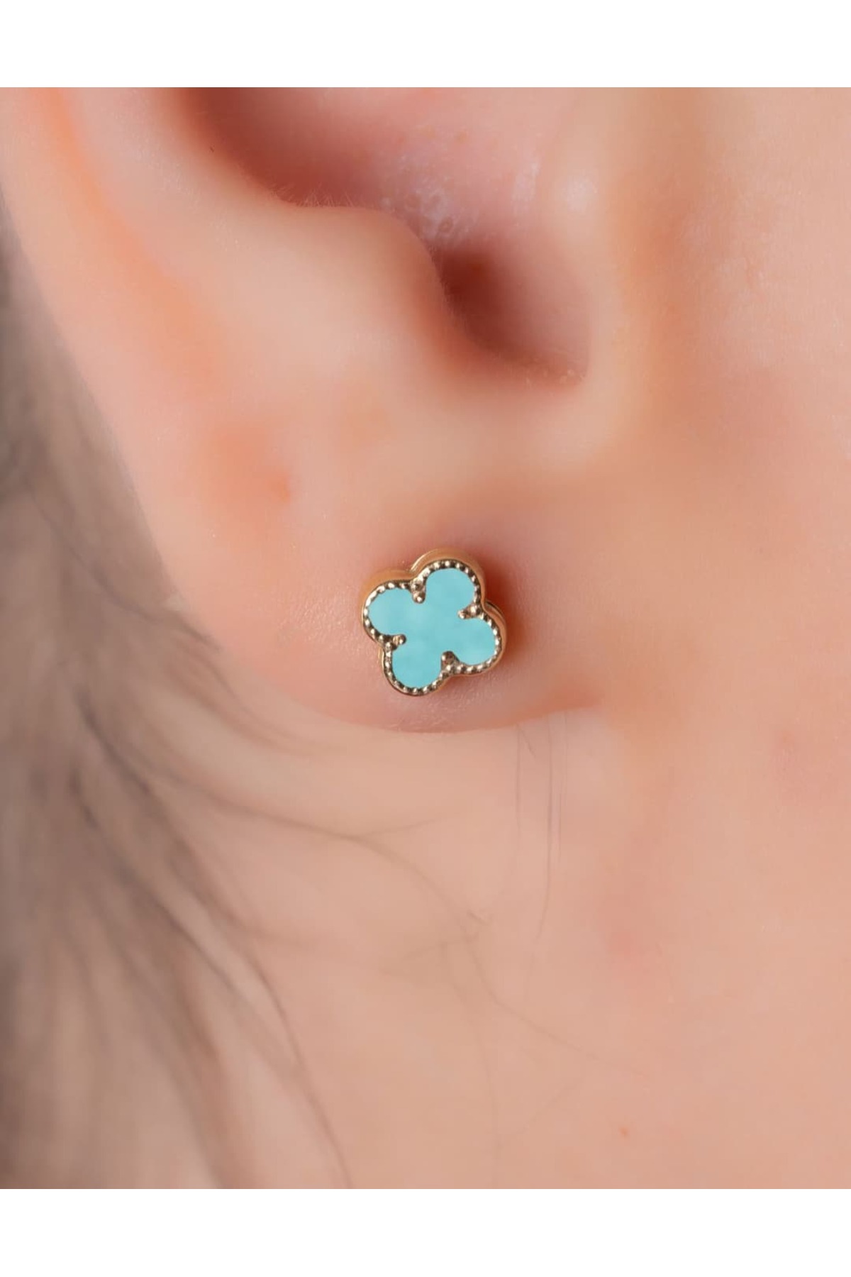 YCL JEWELLERY 14 Ayar Altın Turkuaz Yonca Küpe 6mm