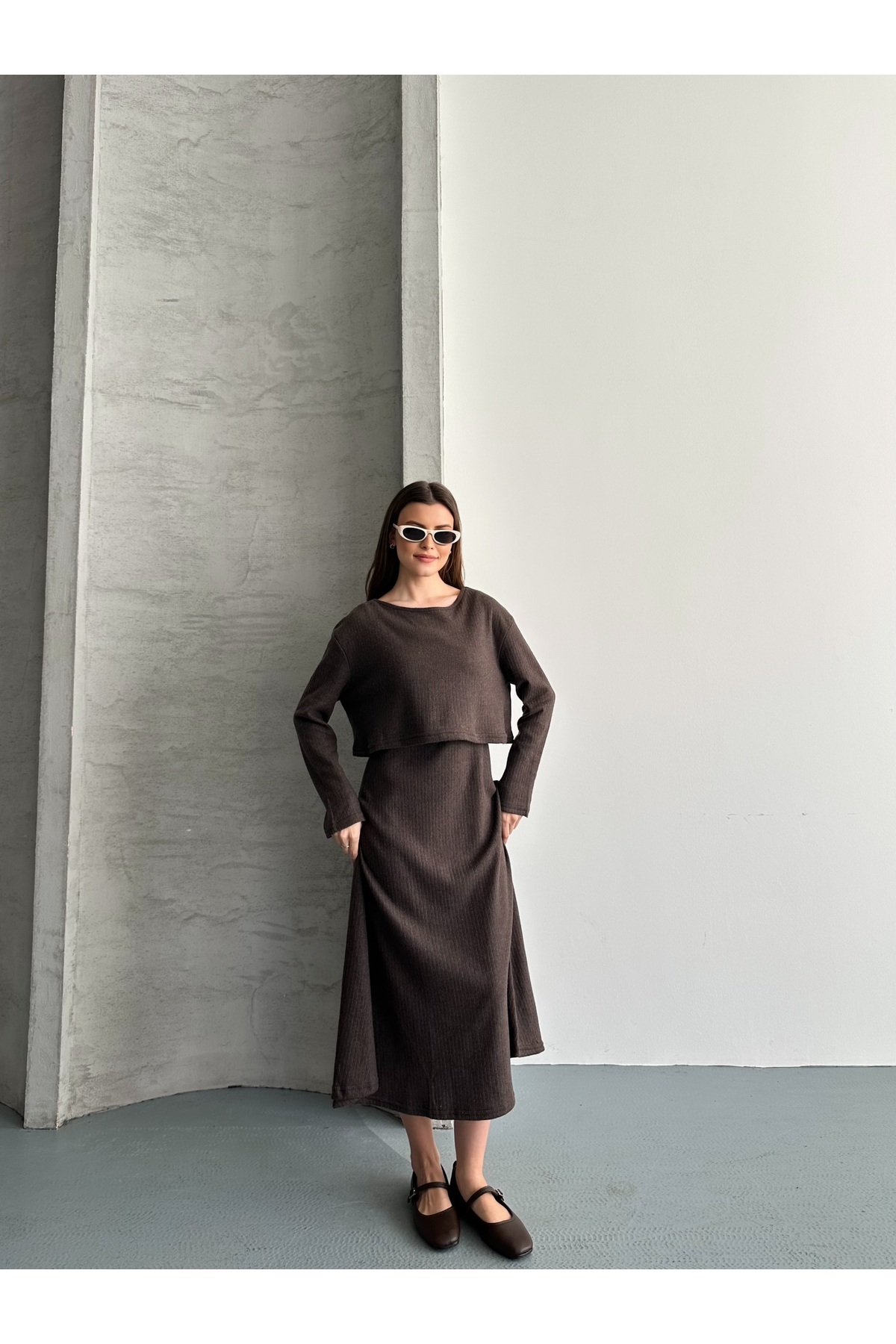 eyyebelle  Kadın Şardonlu Elbise Crop Bluz İkili Takım - Görsel 3