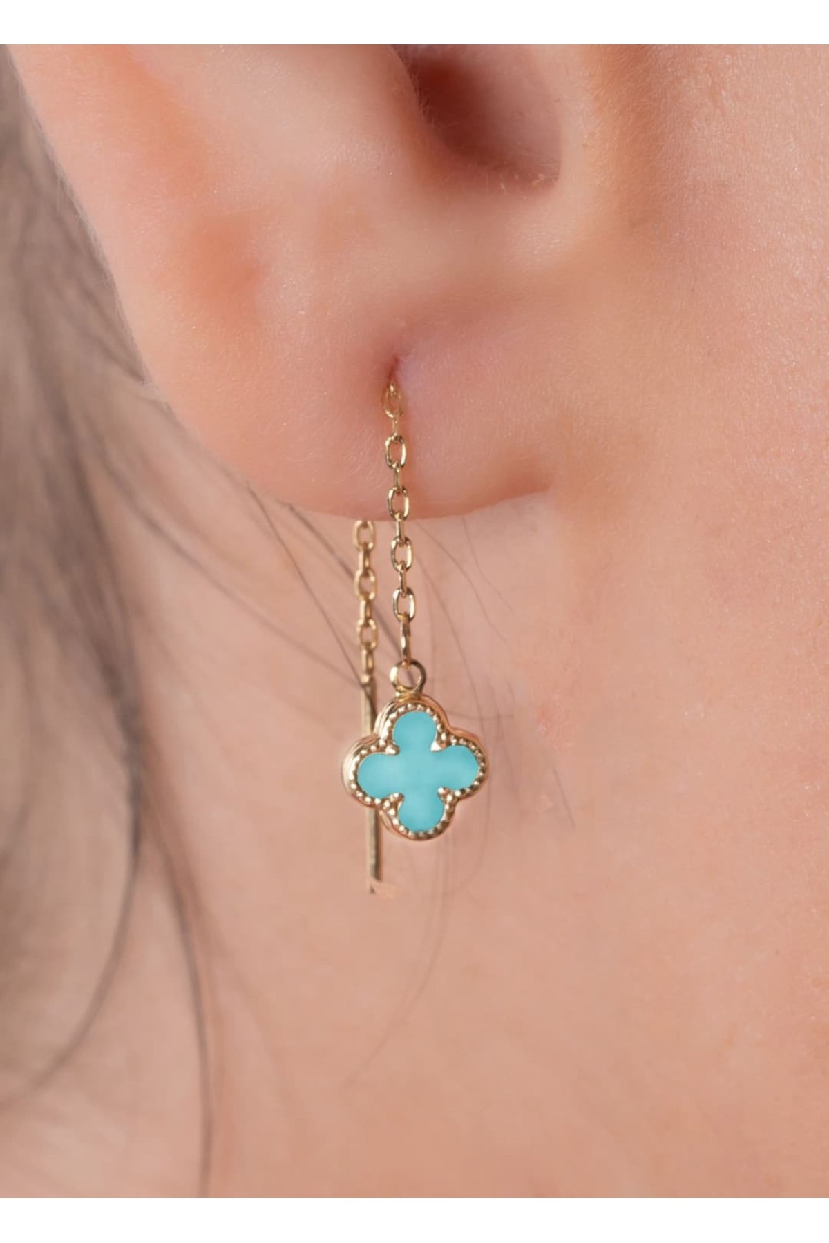 YCL JEWELLERY 14 Ayar Altın Turkuaz Sallantılı Yonca Küpe