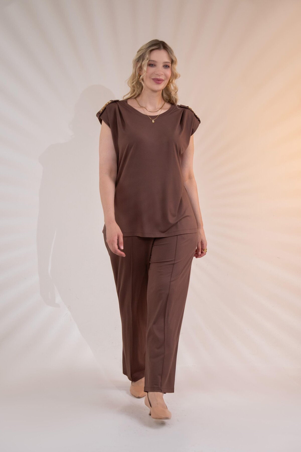 Roxxlen 3330470 Kadın Büyük Beden Kahverengi OMUZU ZİNCİRLİ 2'Lİ TAKIM