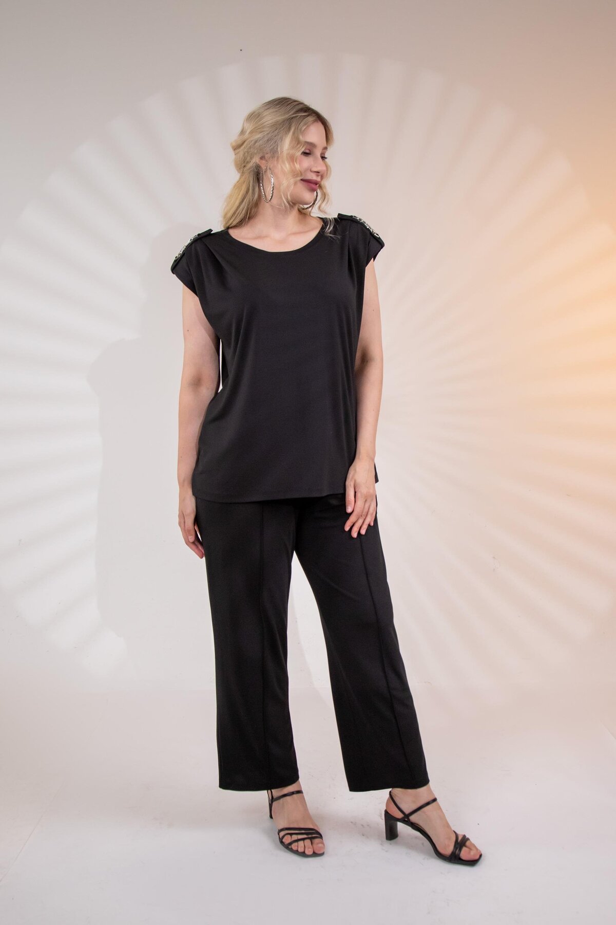 Roxxlen 3330470 Kadın Büyük Beden Siyah OMUZU ZİNCİRLİ 2'Lİ TAKIM