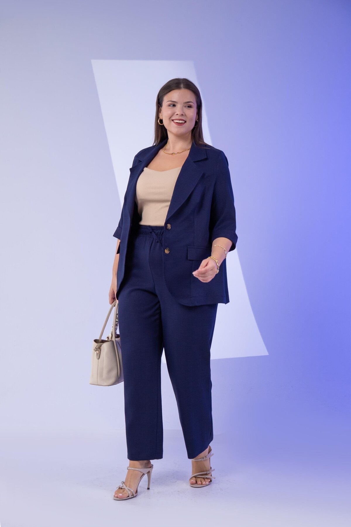 Roxxlen  333094 Kadın Büyük Beden Lacivert Keten 2'Li Takım - Görsel 3