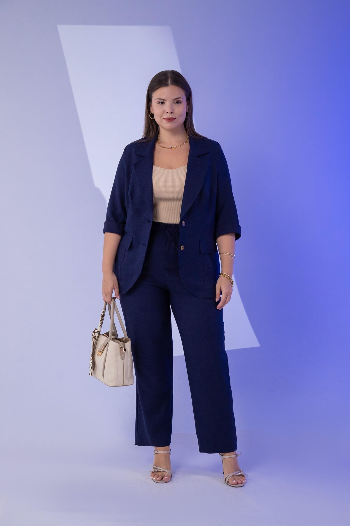 Roxxlen 333094 Kadın Büyük Beden Lacivert KETEN 2'Lİ TAKIM