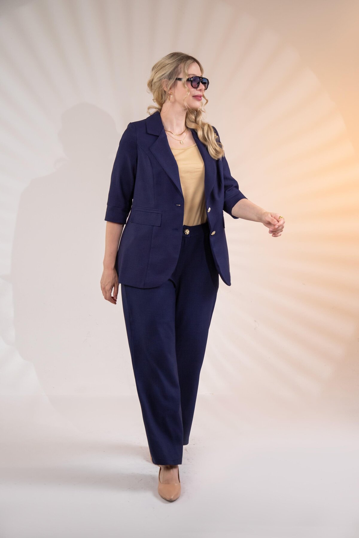 Roxxlen 3330458 Kadın Büyük Beden Lacivert TRUVAKAR KOL KETEN TAKIM