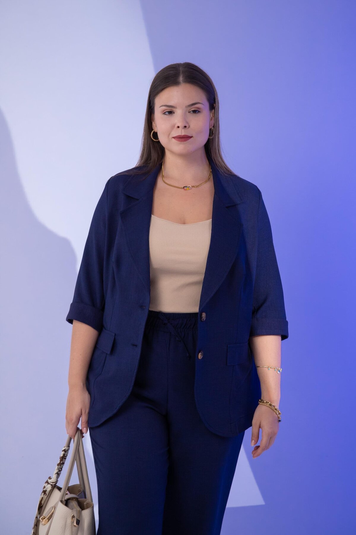 Roxxlen  333094 Kadın Büyük Beden Lacivert Keten 2'Li Takım - Görsel 4