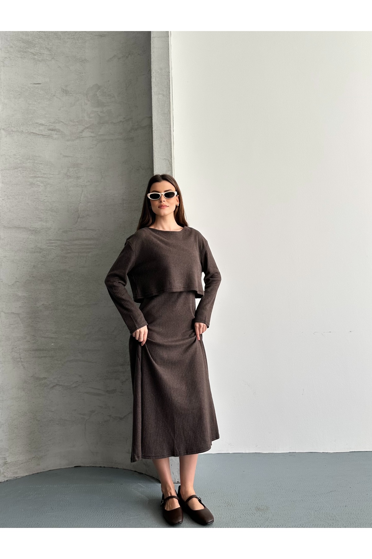 eyyebelle  Kadın Şardonlu Elbise Crop Bluz İkili Takım - Görsel 7