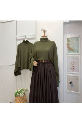 Faya Boutique Yarasa Kol Detaylı Koyu Yeşil Kazak