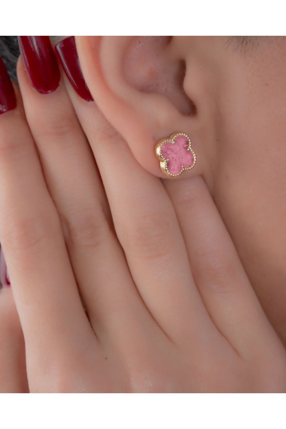 YCL JEWELLERY 14 Ayar Altın Pembe Yonca Pimli Küpe 10mm