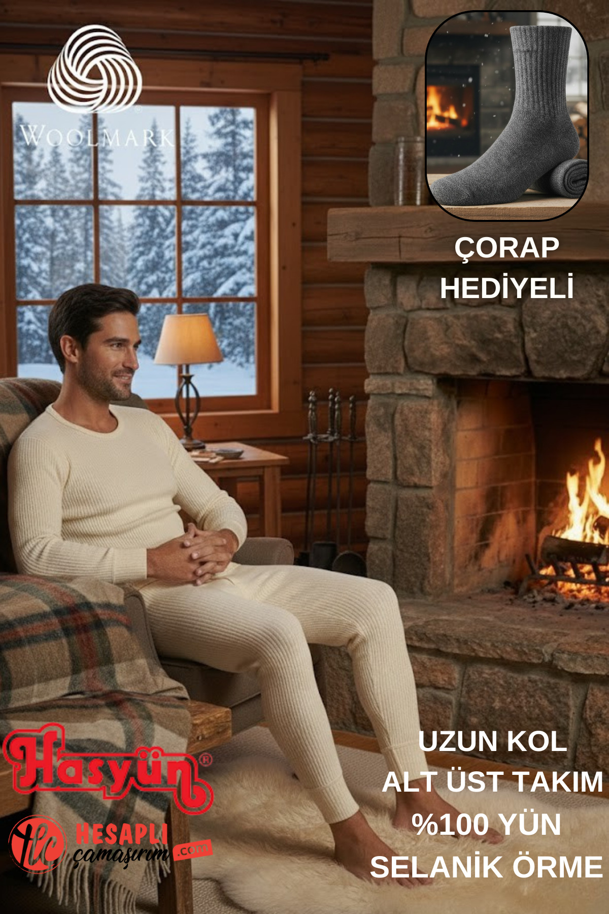 Hasyün Premium Erkek Kaşındırmaz %100 Yün Uzun Kol Alt Üst İçlik Takım Çorap Hediyeli görsel 5