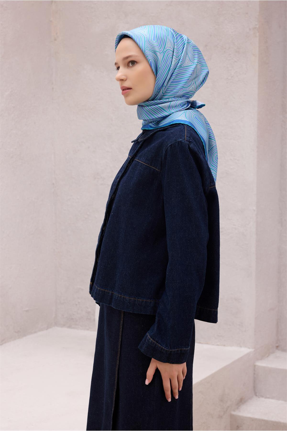 Mavi Geometrik Desen %100 Twill İpek Eşarp 4209 - 37