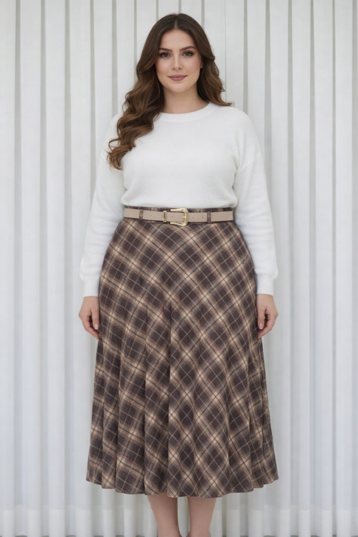 Enga Vera Kadın Büyük Beden Ekose Desenli Uzun Yüksek Bel Yandan Fermuar Kışlık Etek (Astarlı Dökümlü Model)