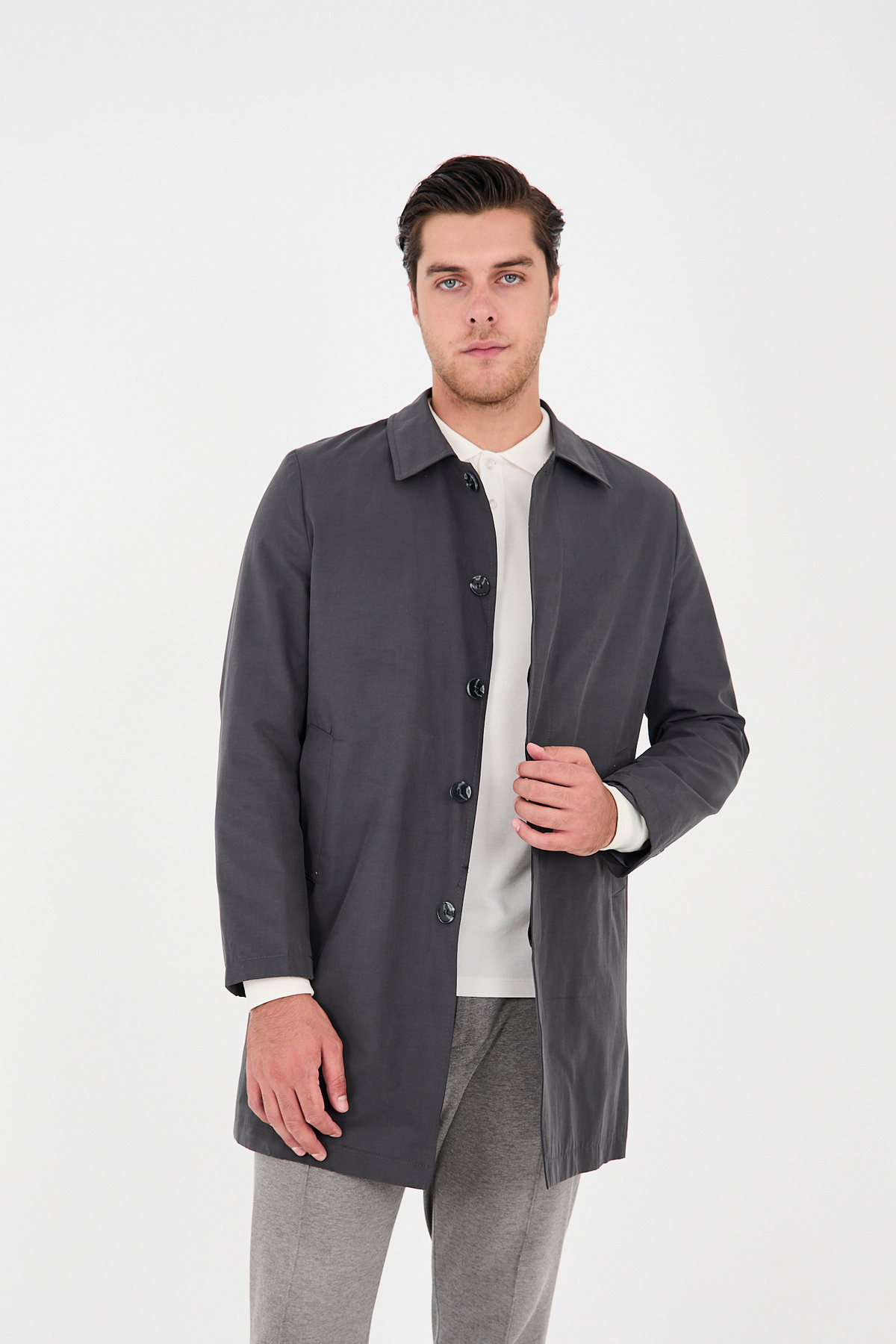 Frappoli  Madrid Erkek Antrasit Bebe Yaka Baharlık Ceket-Trençkot - Görsel 3