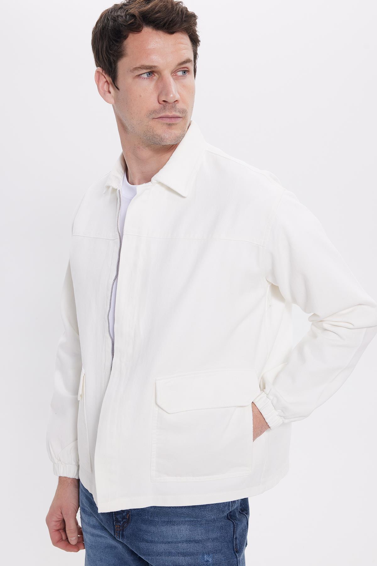 Tudors  Erkek Relax Fit Rahat Kesim Çift Cep Denim Beyaz Kot Mont Gömlek - Görsel 2