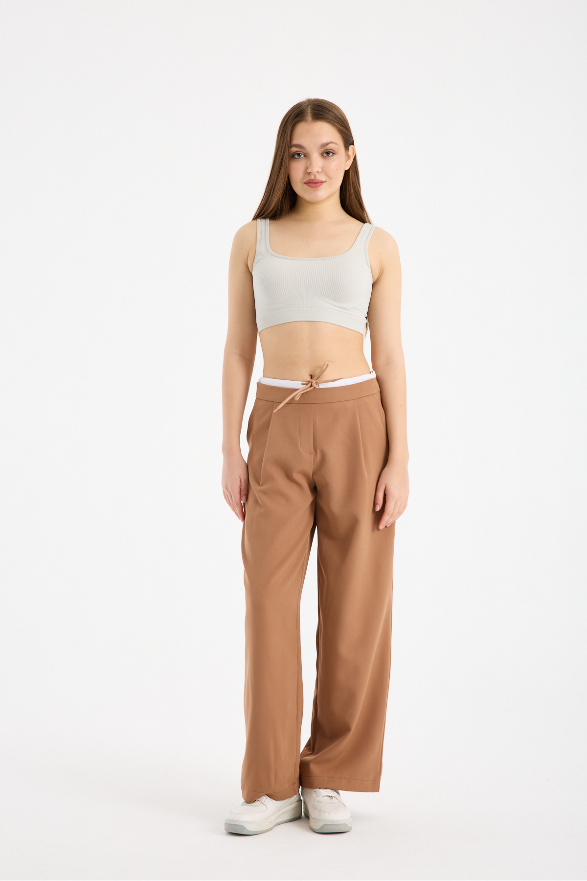 winmoda Pantaloni W Croi Larg Pe Picior Cu Bără Dubă La Tălă - Pantaloni Baggy Din Stofă Pentru Femei Femeie - S