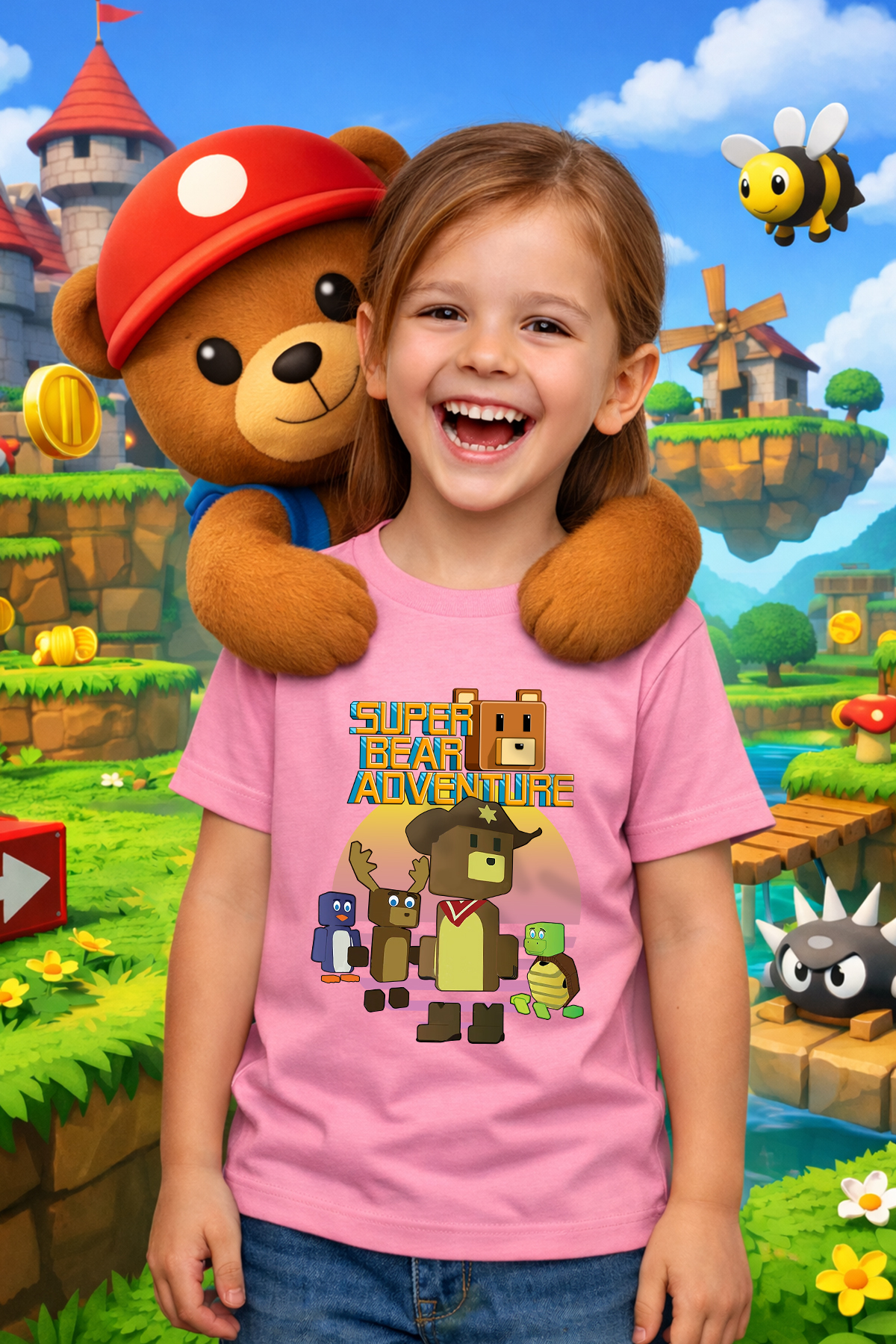 Super Bear Super Bear Adventure Play Character Pattern Printed Kids Pink and Blue T-Shirt