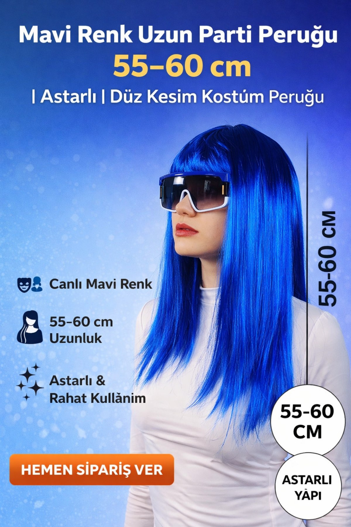 Tamsena Store Uzun Mavi Parti Peruğu 55–60 cm | Cosplay & Kostüm İçin Astarlı Peruk