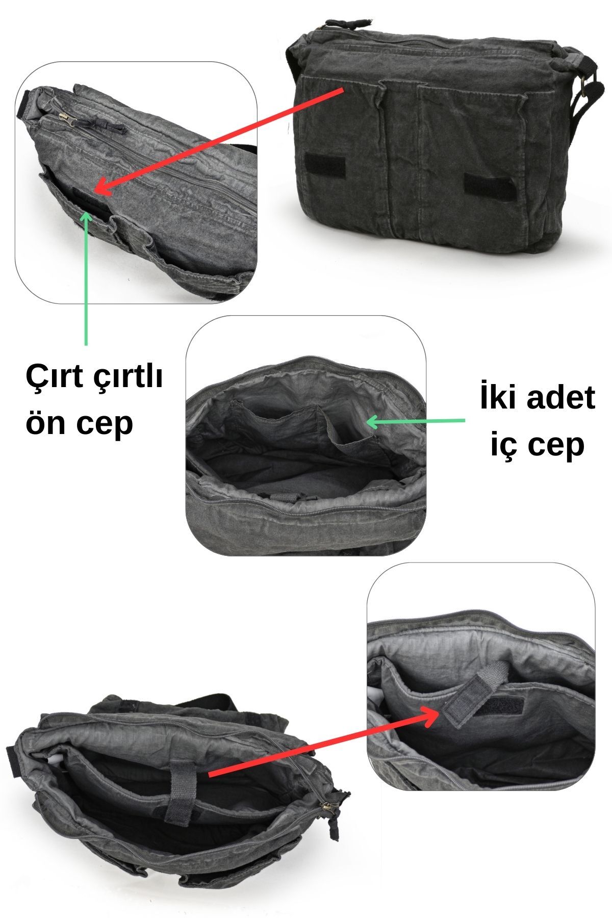 Cappadocia Vintage  4028 Siyah Salaş Omuz Çantası Pamuk Kanvas Postacı Laptop Okul Seyahat Günlük Vintage Retro - Görsel 6